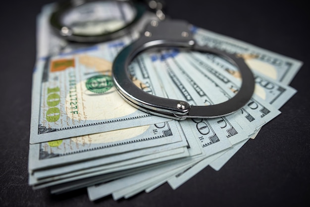 Banknotes dollars money and handcuffs isolated on black background