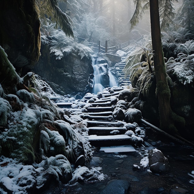 The banks of a brook falling in a dense forest are covered with snow