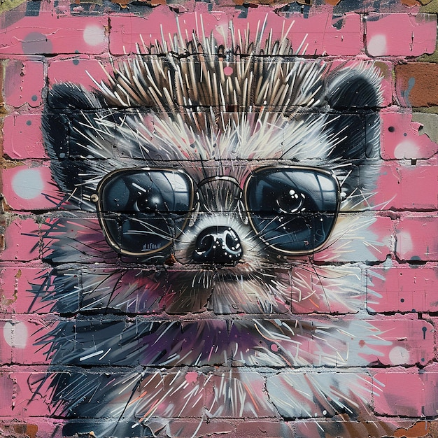 banksy style Baby hedgehog wearing sunglasses niji