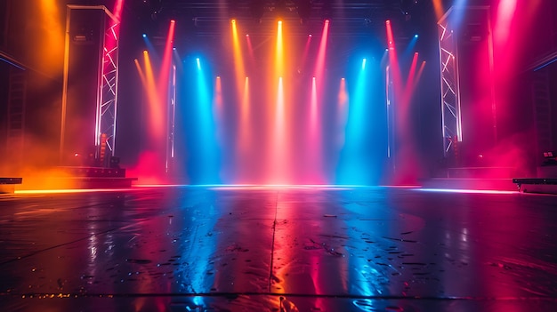 Banner background of an empty stage with colorful spotlights and copy space