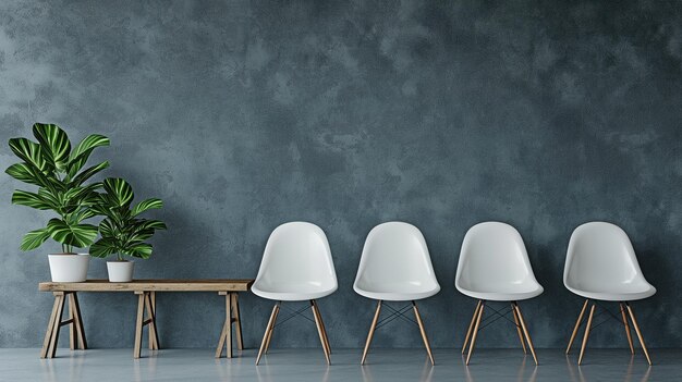 Banner background featuring a grey wall a row of white plastic chairs a wooden shelf and a green plant