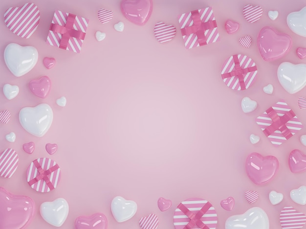 Banner background with 3d realistic pink heart gift box bubble speech pastel romantic greeting card