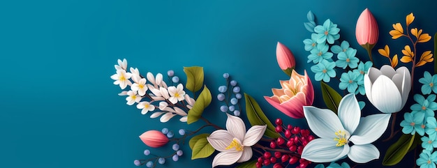 Banner Beautiful Spring flowers on blue background Spring or summer flares AI