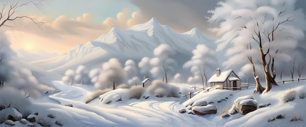 Banner Beautiful Winter Landscape With House and a snowy forest with a river