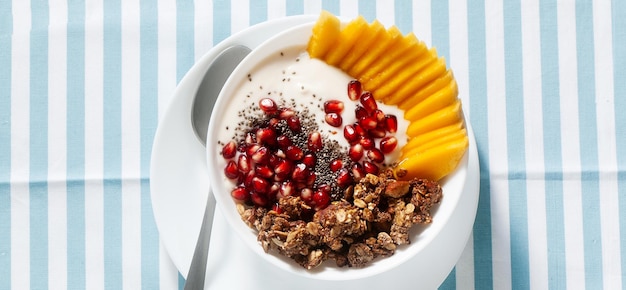 Banner of breakfast bowl of granola yogurt fresh sweet mango chia seeds pomegranate seeds and maple syrup on a blue striped napkin