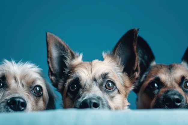 Banner close up three hide dogs head isolated on blue background