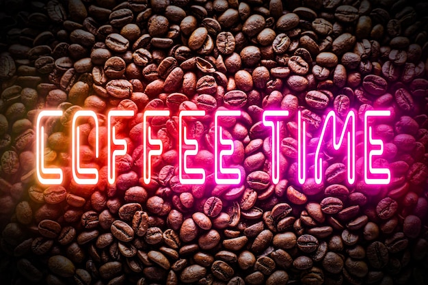 Banner - coffee beans and neon-colored inscription.