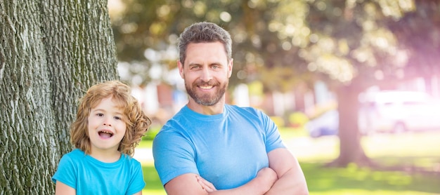 Banner of dad with kid on summer day parenting and fatherhood fathers day happy father and son