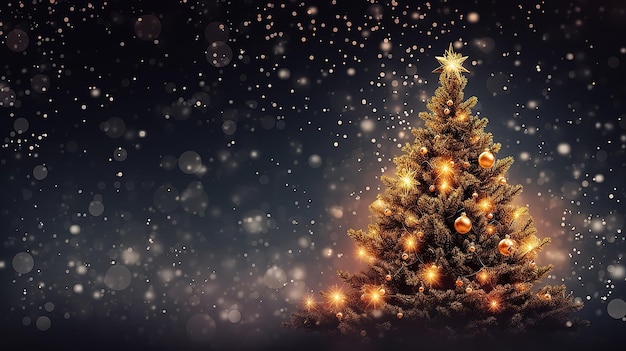 Banner dark decorated christmas tree pine on blurred background bokeh light