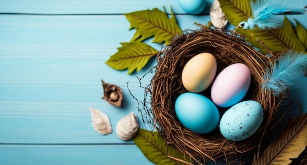 A banner design featuring Easter eggs and feathers placed in a nest on a blue wooden background The design is viewed from above and has a minimal concept It includes a card with a copy space for text