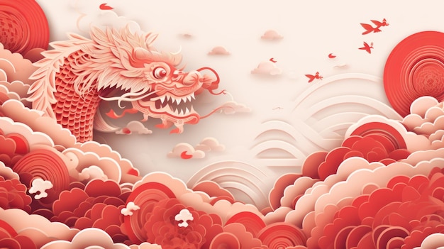 Banner design with abstract pattern in oriental style red dragon papercut waves Chinese New Year