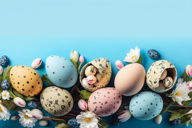 Banner of Easter quail eggs and flowers over blue background Spring holidays concept with copy spaceGenerative AI