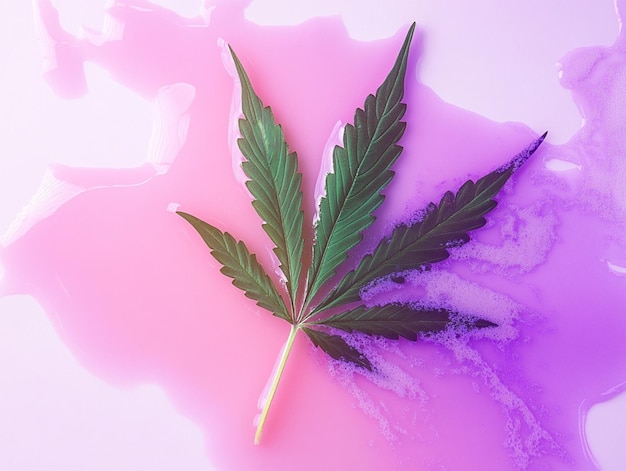 Banner featuring cannabis leaf with pink and purple liquid splash