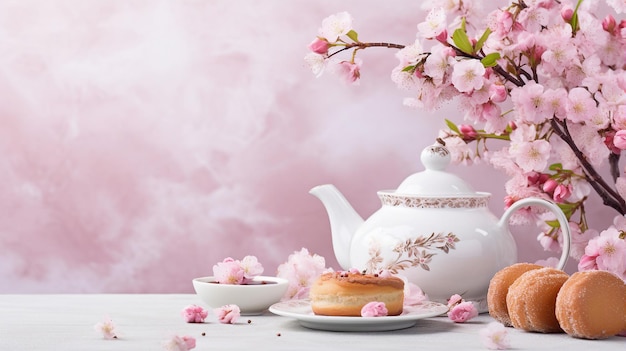 Banner festive tea setting an ornate teapot cups pastries set backdrop of blooming cherry blossoms