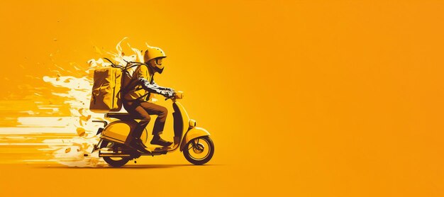 Photo banner free fast delivery service by scooter on yellow background courier delivers food order copy space ai generation