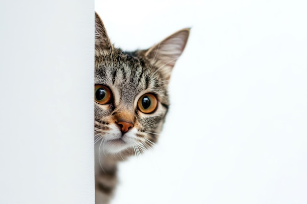 Photo banner funny cat peeks out from behind the wall copy space cat looks out cat on white background