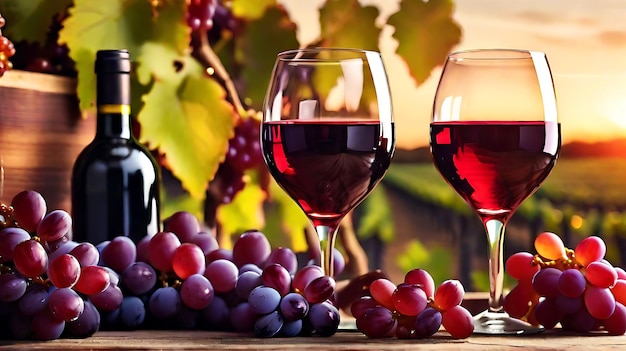 Banner glasses of red wine with grape on wooden table background sunset vineyard farm