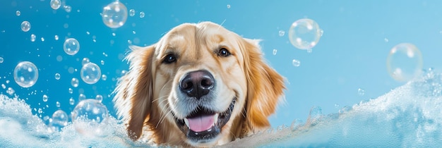 Banner golden retriever dog with bubbles in the air in front of a blue background