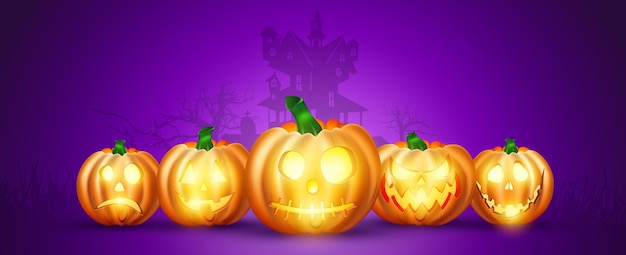 Photo banner for halloween. realistic pumpkin on a purple background.