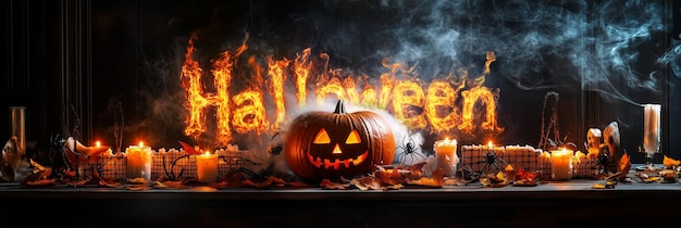 Banner for Halloween themed website pumpkins candles and the word Halloween written in fire and sm