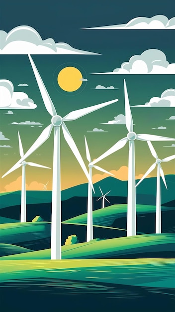 Photo banner on illustration background with wind turbines