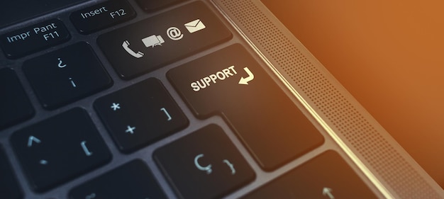 Banner of keyboard with support button and icons. Internet of things. Customer support.