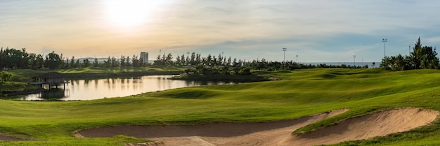 BANNER LONG FORMAT crop it Orange dawn sun golf pond reflection hills green fabulous background