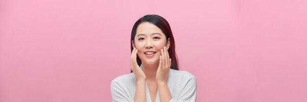 Banner of lovely young woman with healthy skin against pink background Daily beauty routine