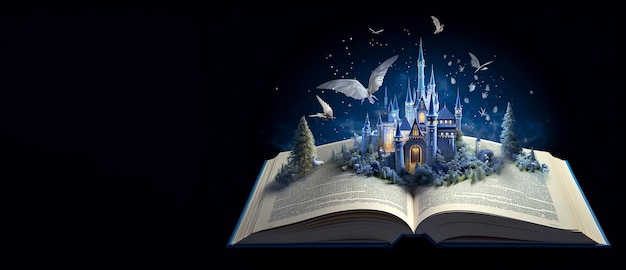 Banner of open book with a fantasy castle popping out and copy space World book day