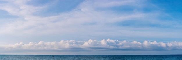 BANNER PANORAMA real photo natural cloudscape wallpaper Beautiful white fluffy cumulus clouds summer blue sky calm horizon skyline Concept relax mood more size and tone collection in stock