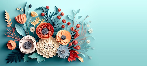 Banner of paper cut out bouquet flowers over pastel blue background with copy space. Generative AI.