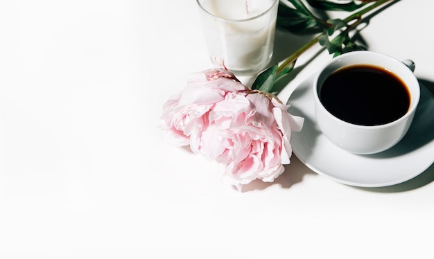 banner of peonies, coffee and macaroons