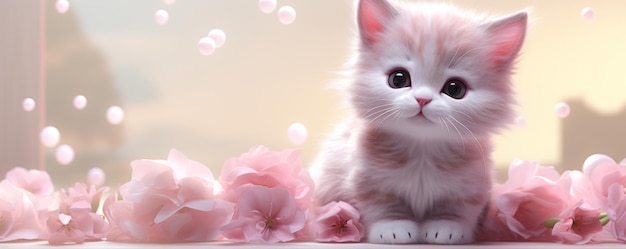 a banner for a pink cute little kitten pink background