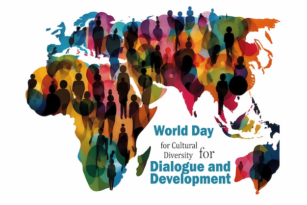 Banner or postcard on the topic World Day for Cultural Diversity for Dialogue and Development Earth map on white background concept of uniting people