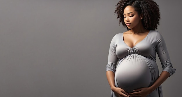 banner pregnant black woman in grey dress holds ai generative