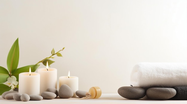 Banner serene spa setting aromatic candles essential oils massage stones suggesting relaxation