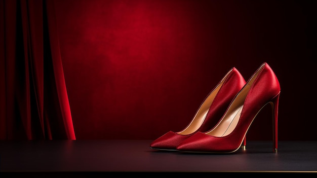 Banner showcases a pair of high heels and a matching clutch spotlighted against a velvet curtain backdrop