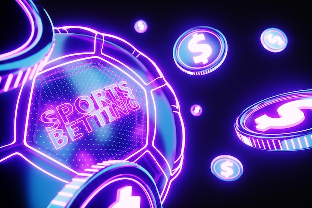 Banner for the site sports betting earnings on bets gambling Neon soccer ball blank for advertising poster header for website modern design 3d illustration 3d render copy space