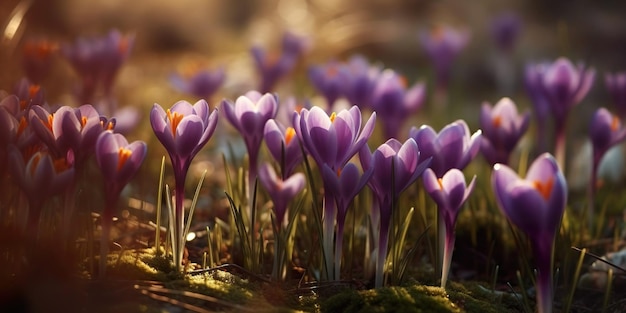 Banner Spring background violet Crocus flowers Crocus Iridaceae Iris Family Generative AI