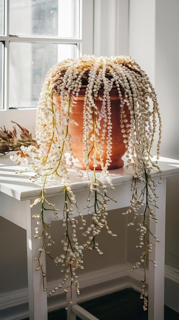 banner of String of Pearls plant in terracotta pot over white table indoor under sunlight