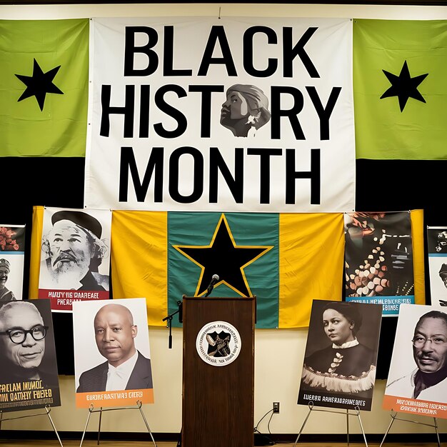 Photo a banner that says black history month at the top of the podium