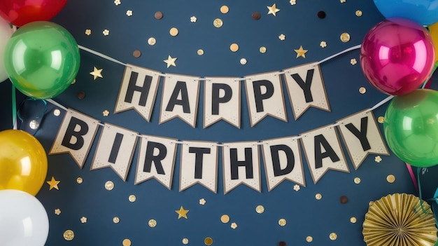 Photo a banner that says happy birthday is hanging from a blue background