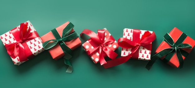 Banner of various red and green Christmas gifts