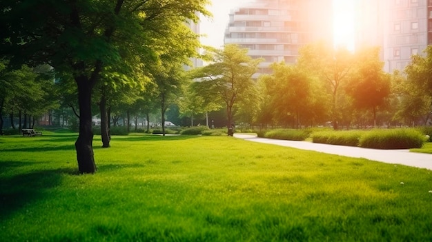 Banner wide image of green spaces in urban city Generative AI