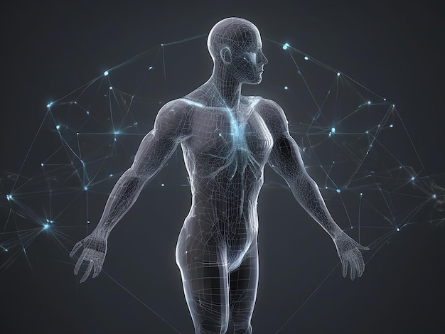 Banner with abstract polygonal wireframe medical human illustration on black background man