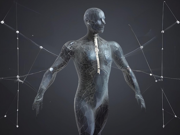 Banner with abstract polygonal wireframe medical human illustration on black background man