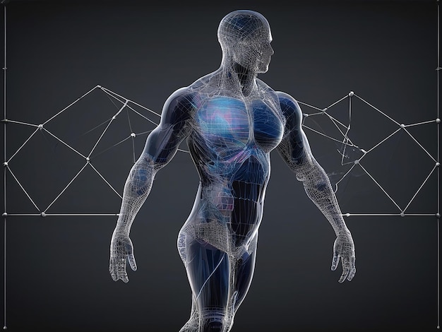 Banner with abstract polygonal wireframe medical human illustration on black background man