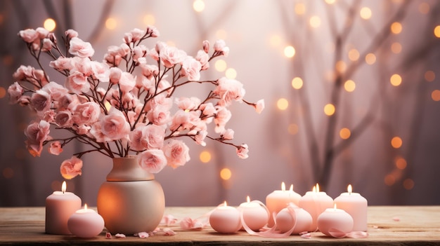 Banner with burning candles and a blooming sakura branch pink tint idea for a postcard