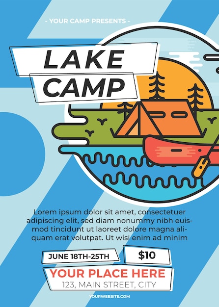 Photo banner with camping tent and boat floating in lake