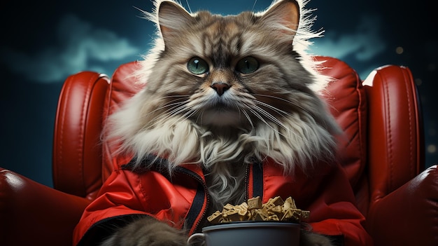 Banner with Cat Watching 3D Movie with Popcorn Sitting